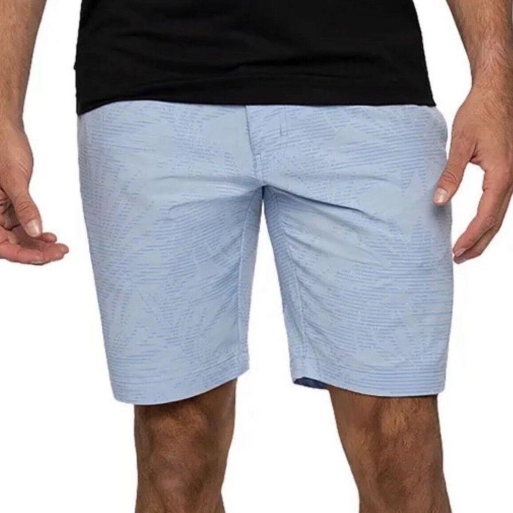 TravisMathew Mens Blue Palm Leaf Stripe Performance Golf Shorts Size 32 9 Inseam